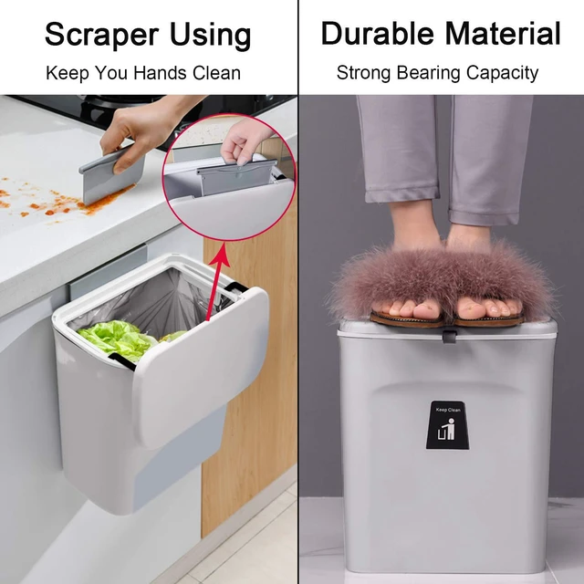 Alt view image 5 of 7 - 2.4 Gallon Kitchen Compost Bin for Counter Top or Under Sink, Hanging Small Trash Can with Lid for Cupboard/Bathroom/Bedroom/Office/Camping, Mountable Indoor Compost Bucket, Gray