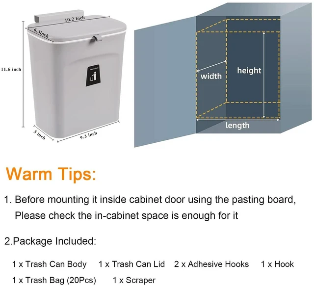 Alt view image 7 of 7 - 2.4 Gallon Kitchen Compost Bin for Counter Top or Under Sink, Hanging Small Trash Can with Lid for Cupboard/Bathroom/Bedroom/Office/Camping, Mountable Indoor Compost Bucket, Gray