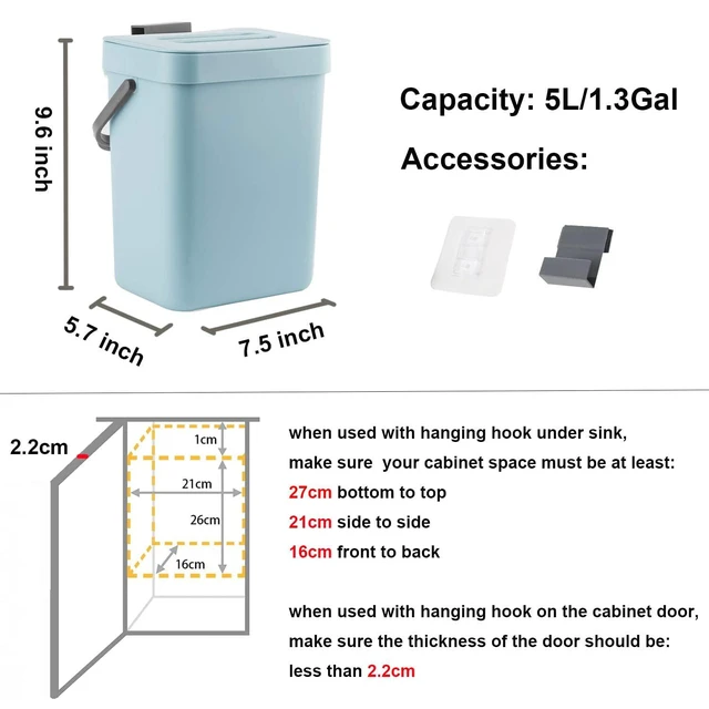 Alt view image 6 of 7 - Small Trash Can with Lid, Compost Bin Indoor Kitchen Sealed Under Sink for Kitchen, Food Waste Bin for Countertop, Mountable Garbage Can for Bathroom, RV, 5L/1.3 Gal, Blue