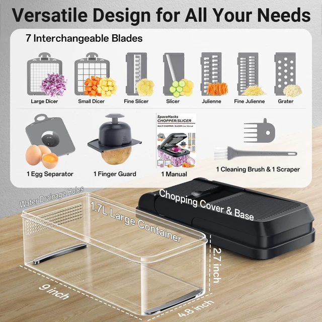 Alt view image 2 of 7 - 12-in-1 Vegetable Chopper with 7 Blades, Food Veggie Cutter, Mandoline GrayKitchen Slicer Dicer for Onion, with Food Container, Finger Guard for Chopping, Slicing, Shredding, and Mincing,Non-slip Base