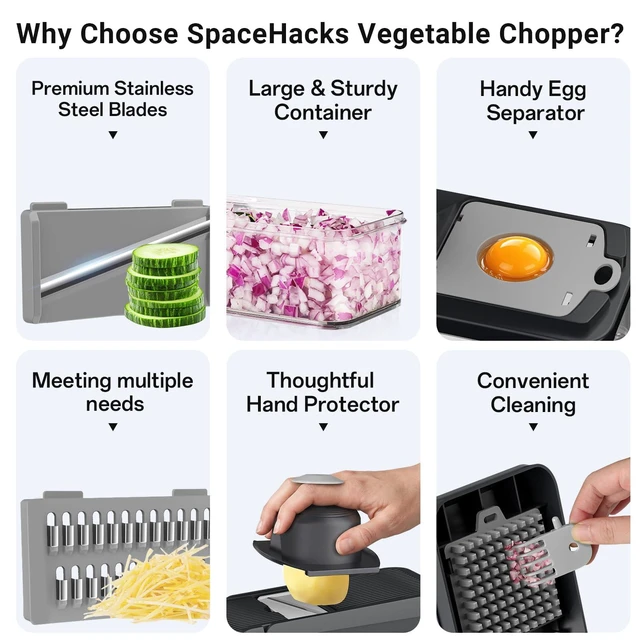 Alt view image 3 of 7 - 12-in-1 Vegetable Chopper with 7 Blades, Food Veggie Cutter, Mandoline GrayKitchen Slicer Dicer for Onion, with Food Container, Finger Guard for Chopping, Slicing, Shredding, and Mincing,Non-slip Base