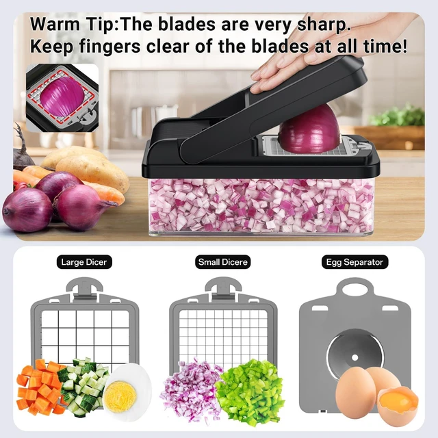 Alt view image 4 of 7 - 12-in-1 Vegetable Chopper with 7 Blades, Food Veggie Cutter, Mandoline GrayKitchen Slicer Dicer for Onion, with Food Container, Finger Guard for Chopping, Slicing, Shredding, and Mincing,Non-slip Base