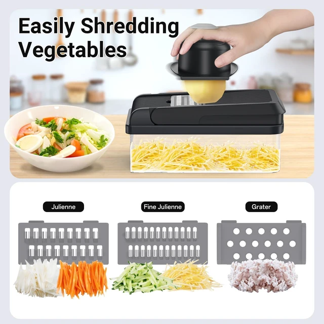 Alt view image 5 of 7 - 12-in-1 Vegetable Chopper with 7 Blades, Food Veggie Cutter, Mandoline GrayKitchen Slicer Dicer for Onion, with Food Container, Finger Guard for Chopping, Slicing, Shredding, and Mincing,Non-slip Base