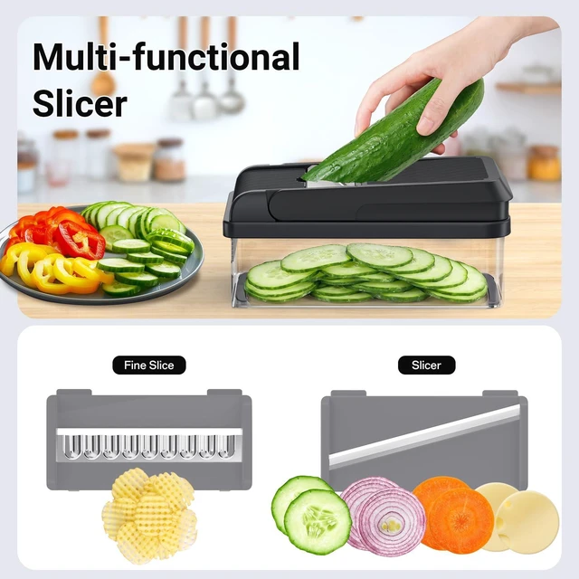 Alt view image 6 of 7 - 12-in-1 Vegetable Chopper with 7 Blades, Food Veggie Cutter, Mandoline GrayKitchen Slicer Dicer for Onion, with Food Container, Finger Guard for Chopping, Slicing, Shredding, and Mincing,Non-slip Base