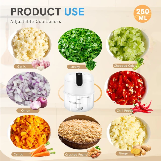 Alt view image 5 of 6 - Electric Garlic Chopper 1 Cup, Mini USB Charging Wireless Food Processor with 304 Stainless Steel, 3 Sharp Blades, Portable Kitchen Meat Grinder for Onion, Garlic, Ginger, Baby Food,White