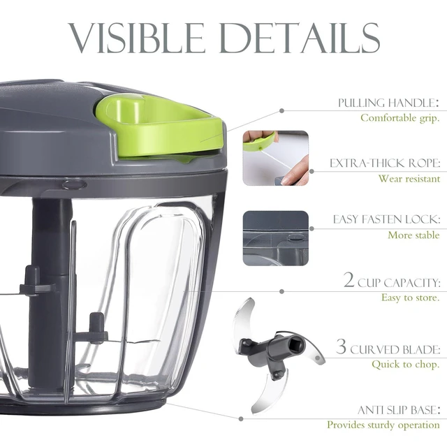 Alt view image 3 of 7 - Manual Food Processor Vegetable Chopper, Portable Hand Pull String Garlic Mincer Onion Cutter for Veggies, Ginger, Fruits, Nuts, Herbs, etc., 650ml, Grey