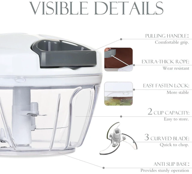 Alt view image 3 of 7 - Manual Food Processor Vegetable Chopper, Portable Hand Pull String Garlic Mincer Onion Cutter for Veggies, Ginger, Fruits, Nuts, Herbs, etc., 500ml, White