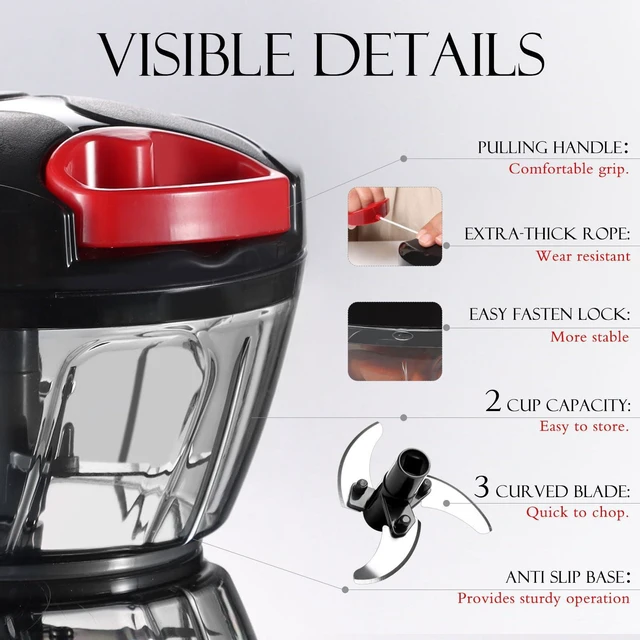 Alt view image 3 of 7 - Manual Food Processor Vegetable Chopper, Portable Hand Pull String Garlic Mincer Onion Cutter for Veggies, Ginger, Fruits, Nuts, Herbs, etc., 500ml, Black