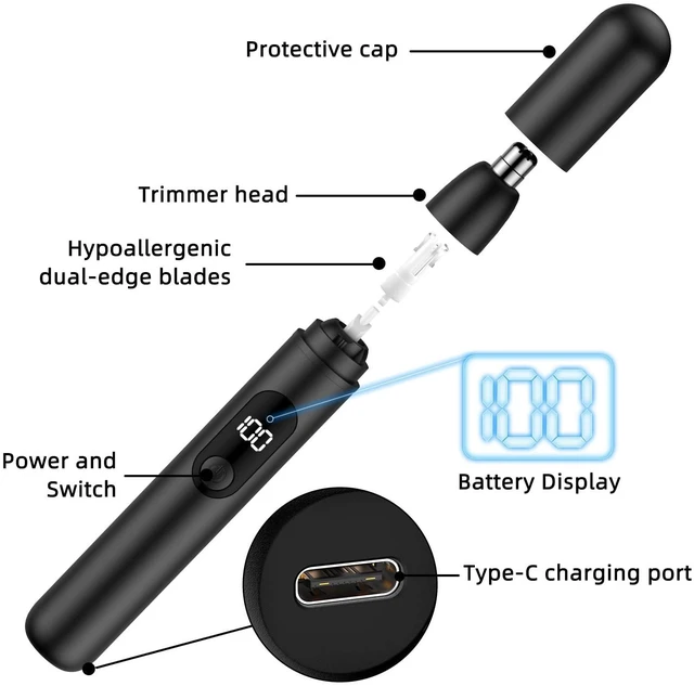 Alt view image 5 of 7 - Nose Hair Trimmer, Rechargeable Cordless Painless Ear Eyebrow Trimming Tool Dual Edge Blades Razor Easy Cleansing with LED Light for Man Woman (Black)