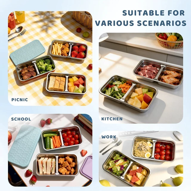 Alt view image 7 of 7 - 15 oz Snack Containers for Kids, Stainless Steel Lunch Box 3 Pack | Reusable Food Containers with Silicone leak resistant Lids. Perfect for School Lunch, Daycare, Travel and Portion Control