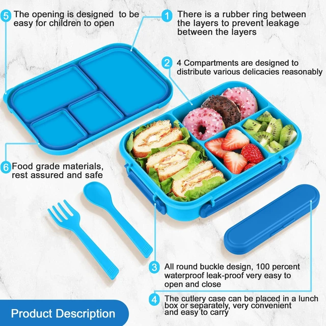 Alt view image 3 of 7 - Lunch Box Kids,Bento Box Adult,Leakproof Lunch Containers for Adults/Kids/Toddler,1200ML-4 Compartments bento Lunch box with Utensil,Microwave & Dishwasher & Freezer Safe (Blue)