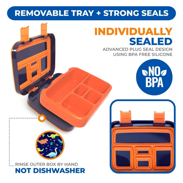 Alt view image 4 of 7 - Dinosaur Bento Lunch Box Container for Small Kids Boys, Blue Orange | 5 Portion Sections, BPA-Free Spill-Proof Leakproof Removable Plastic Tray, Snacks and Lunches for Toddlers Pre-School Daycare