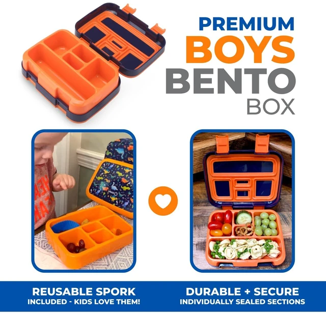 Alt view image 2 of 7 - Dinosaur Bento Lunch Box Container for Small Kids Boys, Blue Orange | 5 Portion Sections, BPA-Free Spill-Proof Leakproof Removable Plastic Tray, Snacks and Lunches for Toddlers Pre-School Daycare