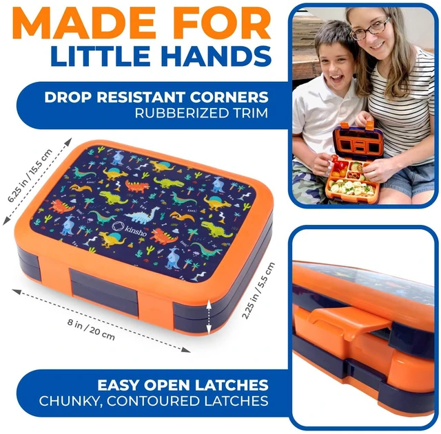 Alt view image 3 of 7 - Dinosaur Bento Lunch Box Container for Small Kids Boys, Blue Orange | 5 Portion Sections, BPA-Free Spill-Proof Leakproof Removable Plastic Tray, Snacks and Lunches for Toddlers Pre-School Daycare
