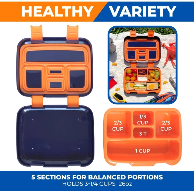 Alt view image 5 of 7 - Dinosaur Bento Lunch Box Container for Small Kids Boys, Blue Orange | 5 Portion Sections, BPA-Free Spill-Proof Leakproof Removable Plastic Tray, Snacks and Lunches for Toddlers Pre-School Daycare