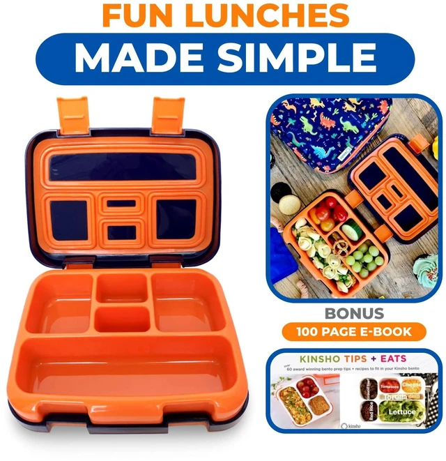 Alt view image 6 of 7 - Dinosaur Bento Lunch Box Container for Small Kids Boys, Blue Orange | 5 Portion Sections, BPA-Free Spill-Proof Leakproof Removable Plastic Tray, Snacks and Lunches for Toddlers Pre-School Daycare