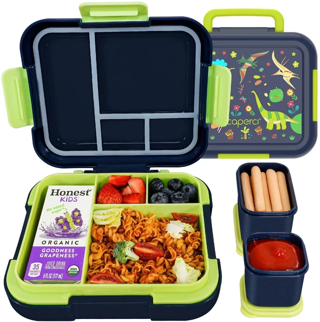 Main image of Prints Bento Box for Kids, 4.8 Cups 4 Compartment Lunch Containers | Ideal Portion Size for Ages 4-8, With Handle & 2 Snack Containers, Leakproof, Dishwasher & Microwave Safe, BPA-Free(Dinosaur)