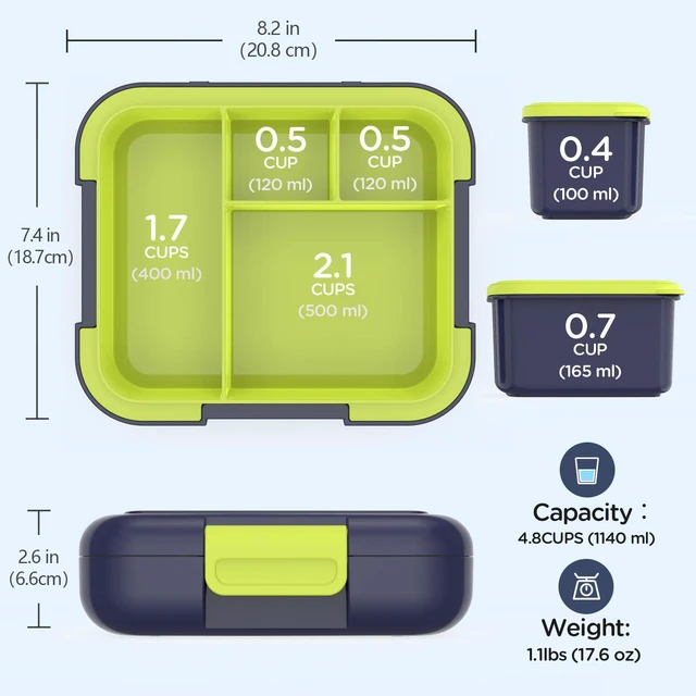 Alt view image 2 of 7 - Prints Bento Box for Kids, 4.8 Cups 4 Compartment Lunch Containers | Ideal Portion Size for Ages 4-8, With Handle & 2 Snack Containers, Leakproof, Dishwasher & Microwave Safe, BPA-Free(Dinosaur)