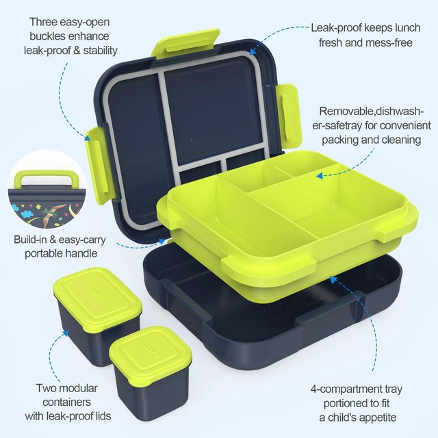 Alt view image 3 of 7 - Prints Bento Box for Kids, 4.8 Cups 4 Compartment Lunch Containers | Ideal Portion Size for Ages 4-8, With Handle & 2 Snack Containers, Leakproof, Dishwasher & Microwave Safe, BPA-Free(Dinosaur)