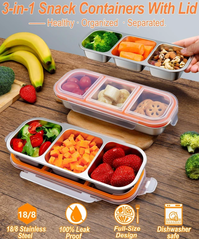 Alt view image 2 of 7 - Stainless Steel Snack & Lunch Container, Kids & Adults, 20 oz, 10.7 in Long | 3 Sealed Compartments, Dishwasher-safe, Leak-proof, Stackable, Clear lid, 10.7 in long, For daycare, school, work & travel