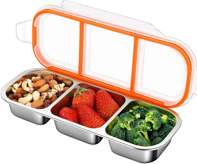 Main image of Stainless Steel Snack & Lunch Container, Kids & Adults, 20 oz, 10.7 in Long | 3 Sealed Compartments, Dishwasher-safe, Leak-proof, Stackable, Clear lid, 10.7 in long, For daycare, school, work & travel