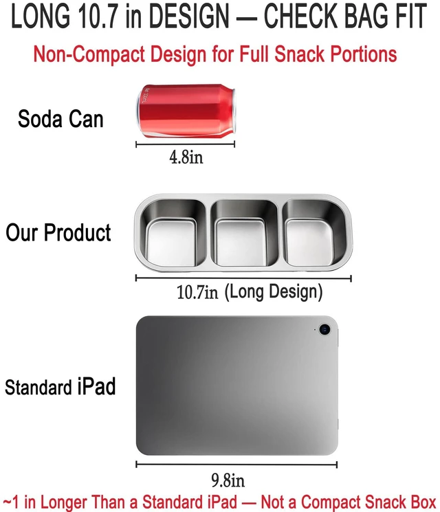 Alt view image 5 of 7 - Stainless Steel Snack & Lunch Container, Kids & Adults, 20 oz, 10.7 in Long | 3 Sealed Compartments, Dishwasher-safe, Leak-proof, Stackable, Clear lid, 10.7 in long, For daycare, school, work & travel