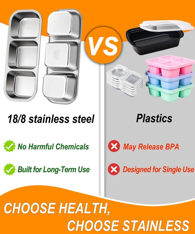 Alt view image 4 of 7 - Stainless Steel Snack & Lunch Container, Kids & Adults, 20 oz, 10.7 in Long | 3 Sealed Compartments, Dishwasher-safe, Leak-proof, Stackable, Clear lid, 10.7 in long, For daycare, school, work & travel