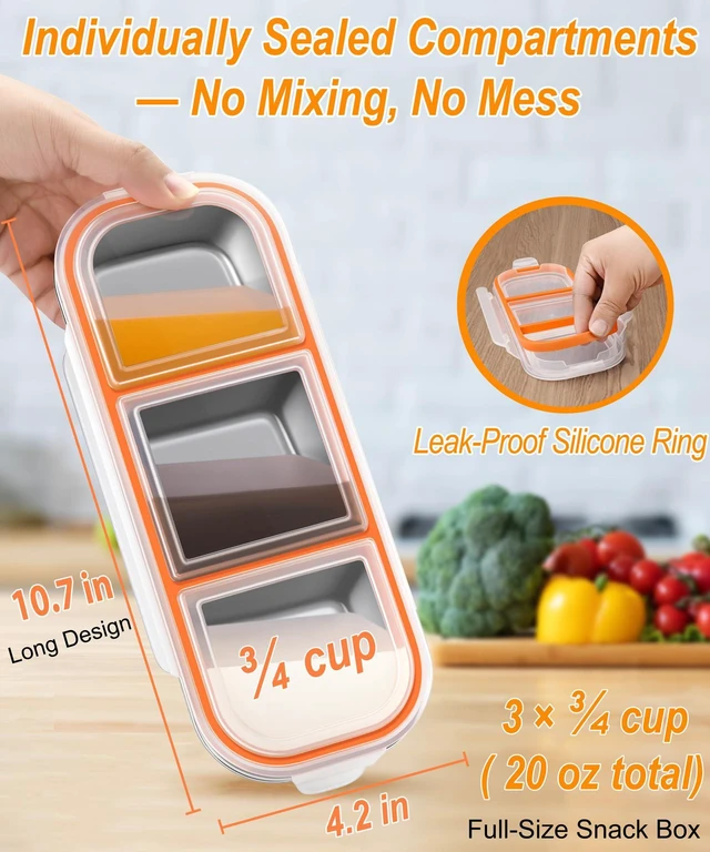 Alt view image 6 of 7 - Stainless Steel Snack & Lunch Container, Kids & Adults, 20 oz, 10.7 in Long | 3 Sealed Compartments, Dishwasher-safe, Leak-proof, Stackable, Clear lid, 10.7 in long, For daycare, school, work & travel
