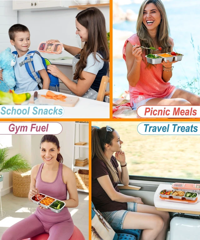 Alt view image 7 of 7 - Stainless Steel Snack & Lunch Container, Kids & Adults, 20 oz, 10.7 in Long | 3 Sealed Compartments, Dishwasher-safe, Leak-proof, Stackable, Clear lid, 10.7 in long, For daycare, school, work & travel