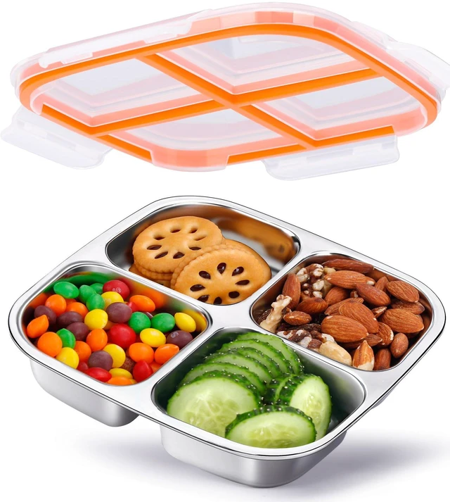 Main image of Stainless Steel Snack & Lunch Container for Kids & Adults, 20 oz | 4 Compartments, Dishwasher-safe, Leak-resistant seal, Stackable, Bento box for meal prep, daycare, school, office & travel