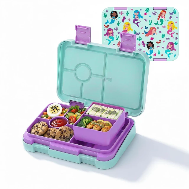 Main image of Bento Lunch Box Snack Bento Lunch Containers Boxes, Green Patterned | 5/6 Compartments, 3 Cups BPA Free, Dishwasher Safe, for Kids, Back to School, On-the-Go Meal, Ages 3+, School