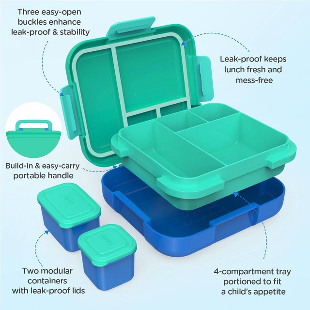 Alt view image 3 of 7 - Bento Lunch Box for Kids, 4.8 Cups 4 Compartment Lunch Containers | Ideal Portion Size for Ages 4-8, With Handle & 2 Snack Containers, Leakproof, Dishwasher & Microwave Safe, BPA-Free(Green)