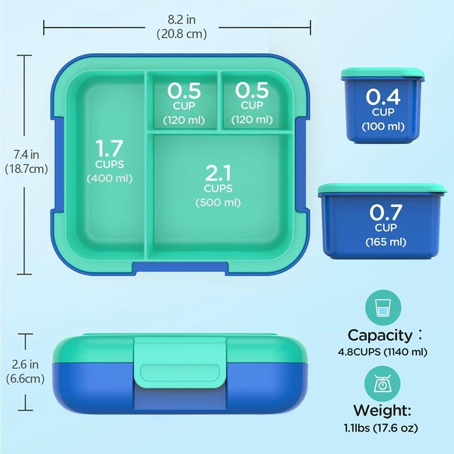 Alt view image 2 of 7 - Bento Lunch Box for Kids, 4.8 Cups 4 Compartment Lunch Containers | Ideal Portion Size for Ages 4-8, With Handle & 2 Snack Containers, Leakproof, Dishwasher & Microwave Safe, BPA-Free(Green)
