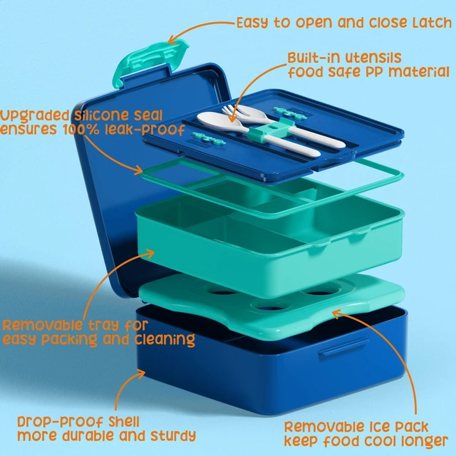 Alt view image 4 of 7 - Chill Bento Box for Kids, Toddler Lunch Box with Built-In Ice Pack | Keep Cold Leak Proof BPA Free 4 Compartment Lunch Container with Utensil for Girl Boy School Adult, Microwave Dishwasher Safe