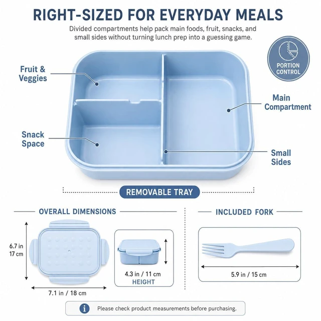 Alt view image 3 of 7 - Kids Bento Lunch Box, 1150ml 3 Compartments, Blue | Blue kids bento lunch box for back to school, daycare, and snack time