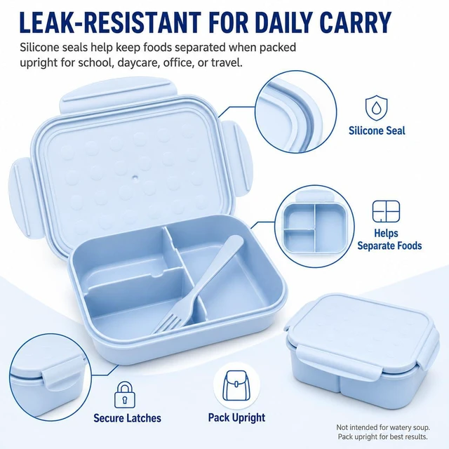 Alt view image 4 of 7 - Kids Bento Lunch Box, 1150ml 3 Compartments, Blue | Blue kids bento lunch box for back to school, daycare, and snack time