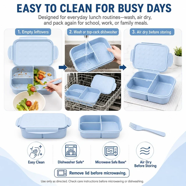 Alt view image 5 of 7 - Kids Bento Lunch Box, 1150ml 3 Compartments, Blue | Blue kids bento lunch box for back to school, daycare, and snack time