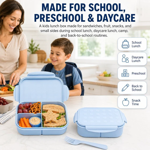 Alt view image 6 of 7 - Kids Bento Lunch Box, 1150ml 3 Compartments, Blue | Blue kids bento lunch box for back to school, daycare, and snack time