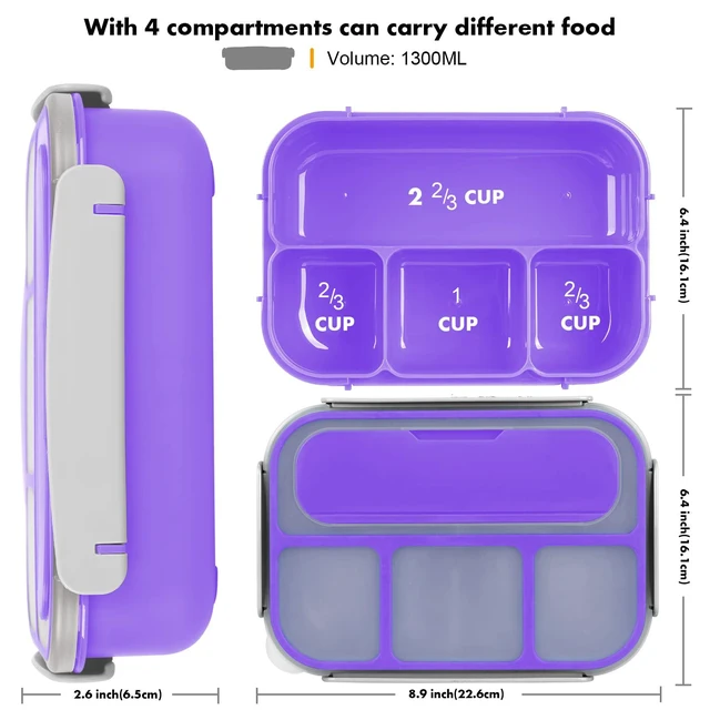 Alt view image 2 of 7 - Bento Box for Kids 1300ML with 4 Compartment & Food Picks Cake Cups, Purple | Lunch Box Containers for Adults/Kids/Toddler, Leak-Proof, Microwave/Dishwasher/Refrigerator Safe, BPA Free