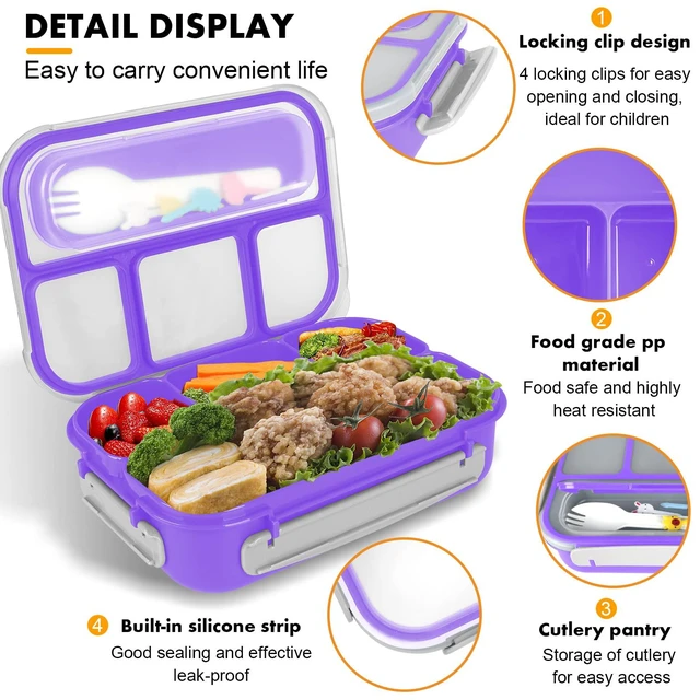 Alt view image 3 of 7 - Bento Box for Kids 1300ML with 4 Compartment & Food Picks Cake Cups, Purple | Lunch Box Containers for Adults/Kids/Toddler, Leak-Proof, Microwave/Dishwasher/Refrigerator Safe, BPA Free