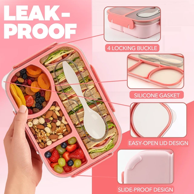 Alt view image 4 of 7 - Bento Box for Adults,4 Compartments Lunch Box, Snack Containers Reusable Lunch Containers Drop-Proof, Dishwasher Safe & Made with BPA-Free Materials, Pink