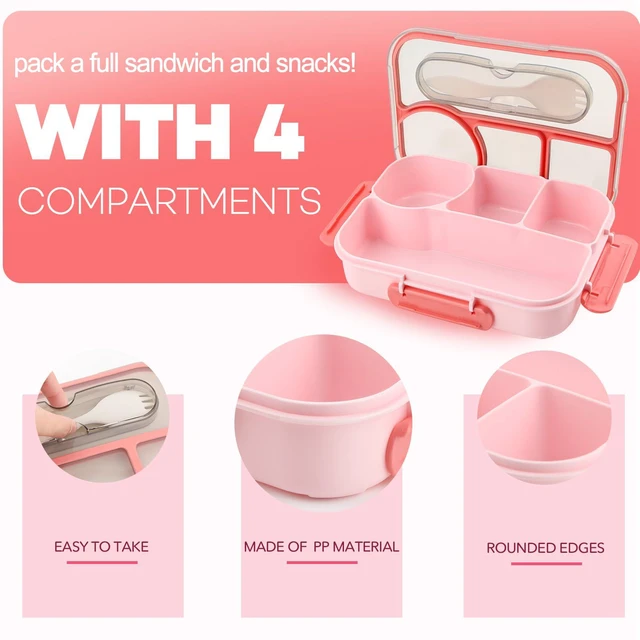 Alt view image 5 of 7 - Bento Box for Adults,4 Compartments Lunch Box, Snack Containers Reusable Lunch Containers Drop-Proof, Dishwasher Safe & Made with BPA-Free Materials, Pink