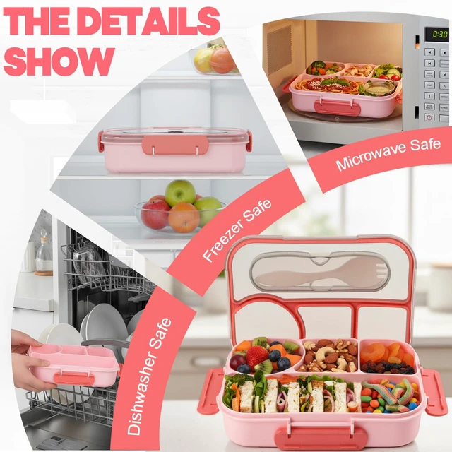 Alt view image 6 of 7 - Bento Box for Adults,4 Compartments Lunch Box, Snack Containers Reusable Lunch Containers Drop-Proof, Dishwasher Safe & Made with BPA-Free Materials, Pink
