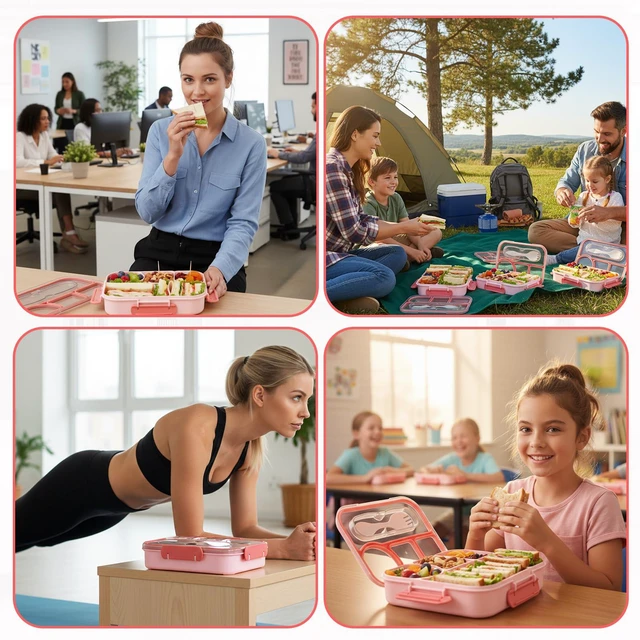 Alt view image 7 of 7 - Bento Box for Adults,4 Compartments Lunch Box, Snack Containers Reusable Lunch Containers Drop-Proof, Dishwasher Safe & Made with BPA-Free Materials, Pink