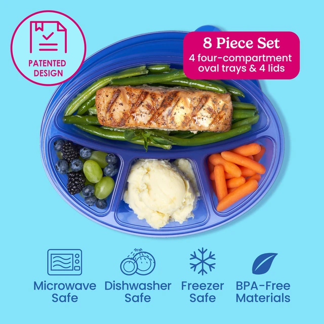Alt view image 3 of 7 - Easyboxes Stackable 4-Compartment Oval Lunch Boxes, 8-Piece Set | Reusable, BPA-Free, Meal Prep, Patented Design, Microwave, Dishwasher & Freezer-Safe (Jewel Brights)