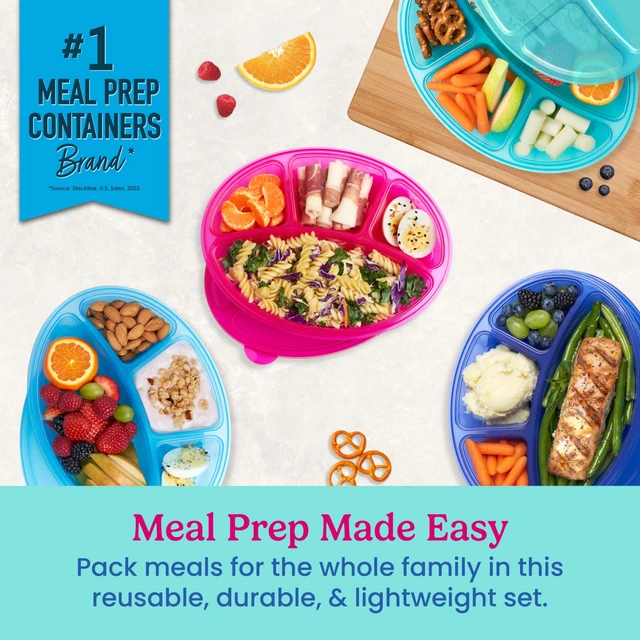 Alt view image 2 of 7 - Easyboxes Stackable 4-Compartment Oval Lunch Boxes, 8-Piece Set | Reusable, BPA-Free, Meal Prep, Patented Design, Microwave, Dishwasher & Freezer-Safe (Jewel Brights)