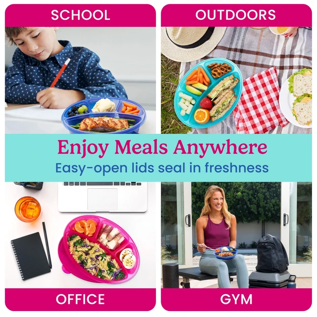 Alt view image 6 of 7 - Easyboxes Stackable 4-Compartment Oval Lunch Boxes, 8-Piece Set | Reusable, BPA-Free, Meal Prep, Patented Design, Microwave, Dishwasher & Freezer-Safe (Jewel Brights)