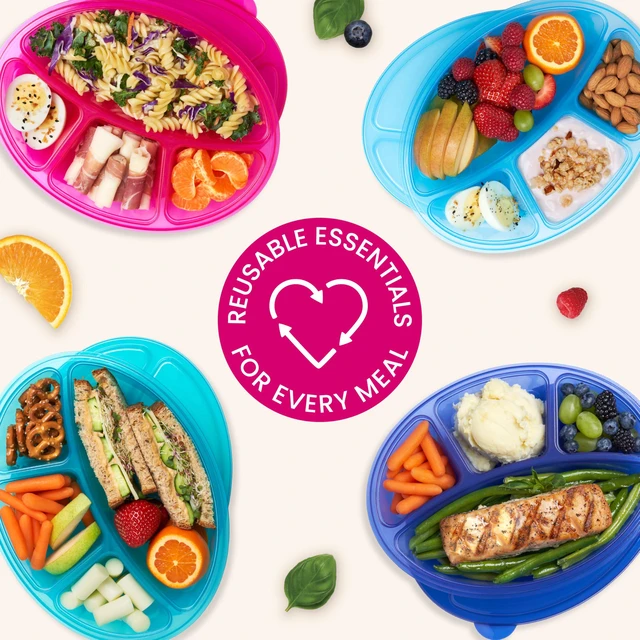 Alt view image 7 of 7 - Easyboxes Stackable 4-Compartment Oval Lunch Boxes, 8-Piece Set | Reusable, BPA-Free, Meal Prep, Patented Design, Microwave, Dishwasher & Freezer-Safe (Jewel Brights)