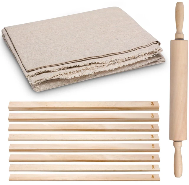 Main image of 12 Pcs Pottery Tools Wood Rolling Pin Special Linen (Tablecloth) | 1 Pottery Hessian Cotton Linen Tableclothand 10 Pcs 5 Size Pottery Teaching Rolling Mud Stick Guide, Natural Wood