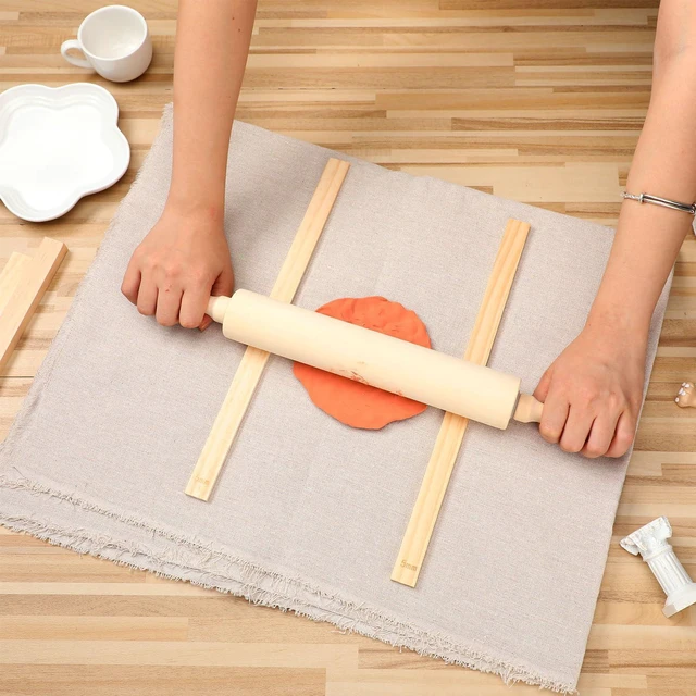 Alt view image 4 of 7 - 12 Pcs Pottery Tools Wood Rolling Pin Special Linen (Tablecloth) | 1 Pottery Hessian Cotton Linen Tableclothand 10 Pcs 5 Size Pottery Teaching Rolling Mud Stick Guide, Natural Wood